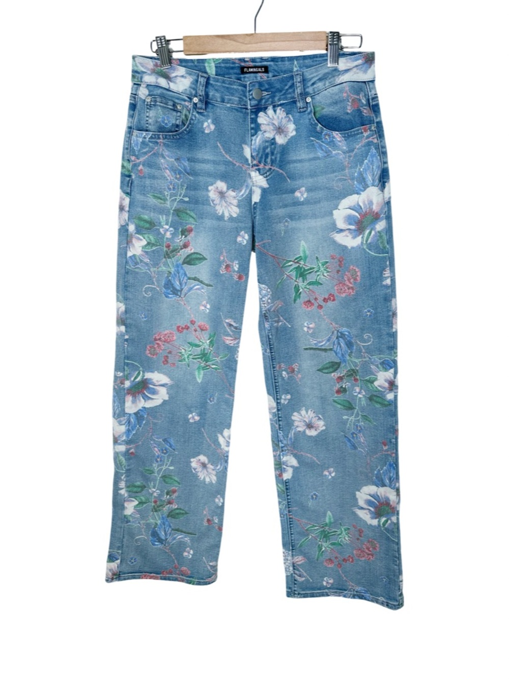 Flamingals Floral Print Jeans Straight Leg Size Medium